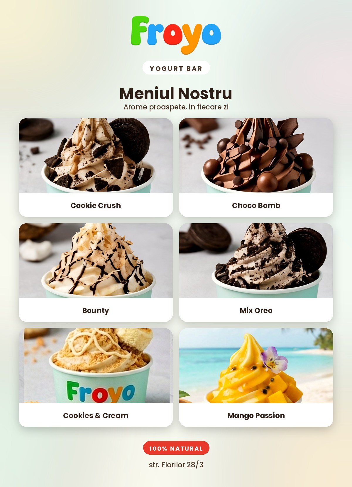 Poster meniu FroYo Bliss cu Cookie Crush, Choco Bomb, Bounty, Mix Oreo, Cookies & Cream și Mango Passion